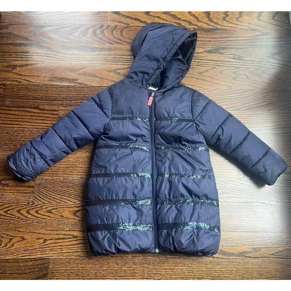 Billieblush girls hooded winter puffer jacket kids Sz. 5 navy sequins
